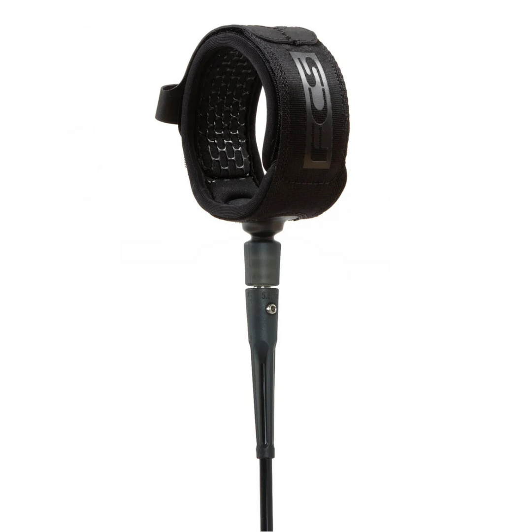 Black leash strap with a FCS brand logo on a white background