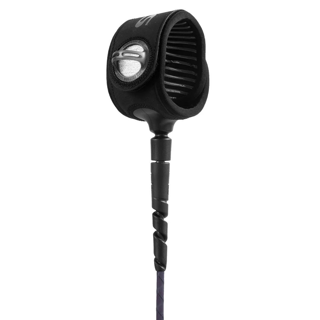 Black ankle strap of a surfboard leash on a white background