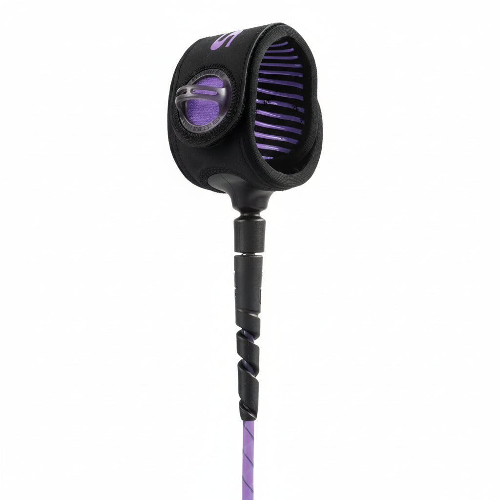 Black and purple surf leash on a white background