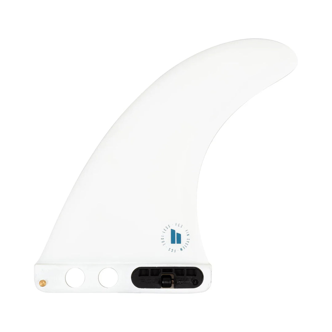 White surfboard fin with a logo on a white background