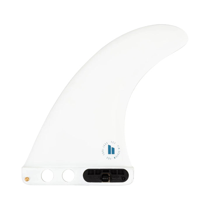 White surfboard fin with a logo on a white background
