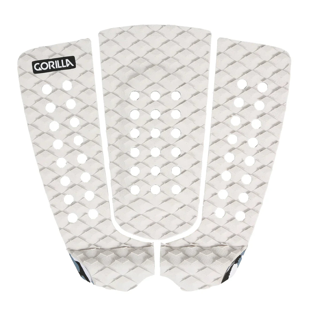 Three white textured surfboard tail pad pieces with a &