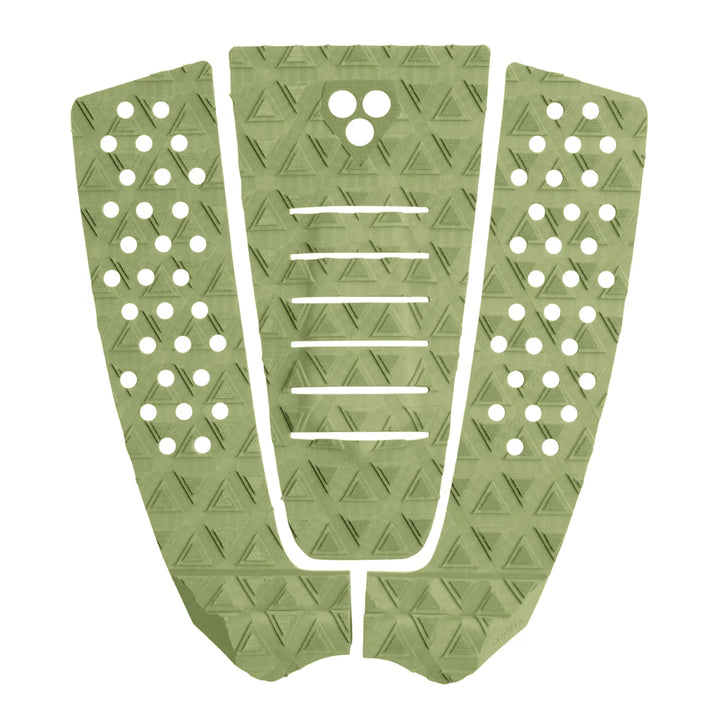 Green textured surfboard tail pad with geometric patterns on a white background