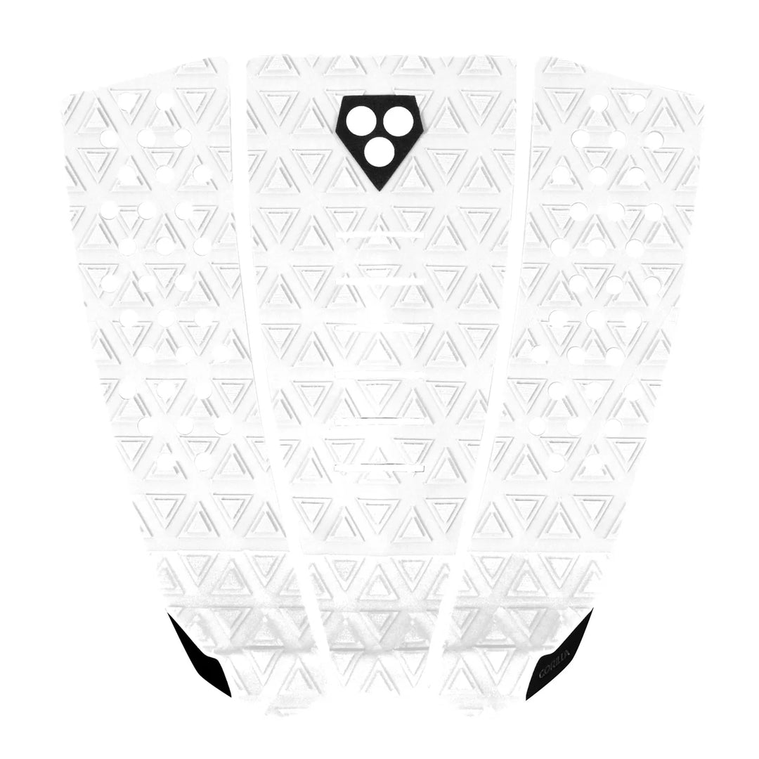 White surfboard tail pad with black geometric pattern and logo on a white background