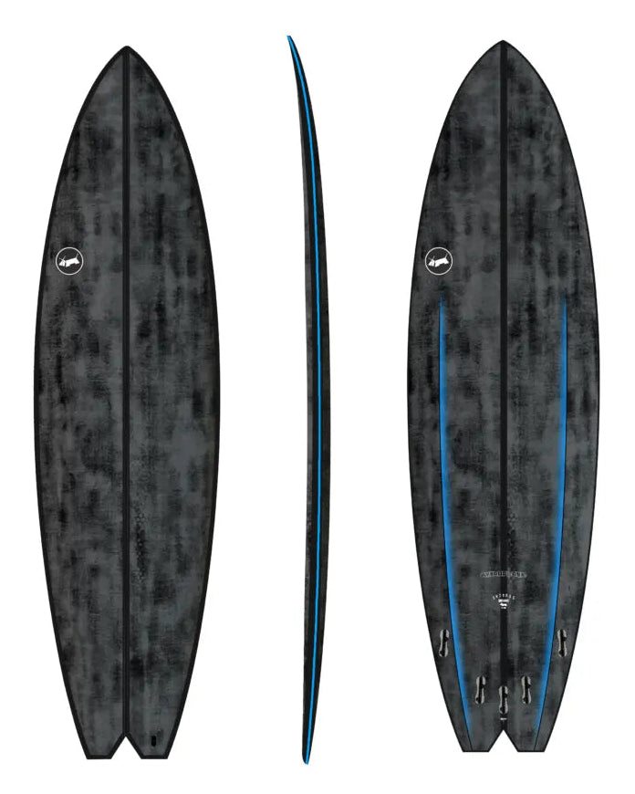 Black and blue surfboard design on a white background