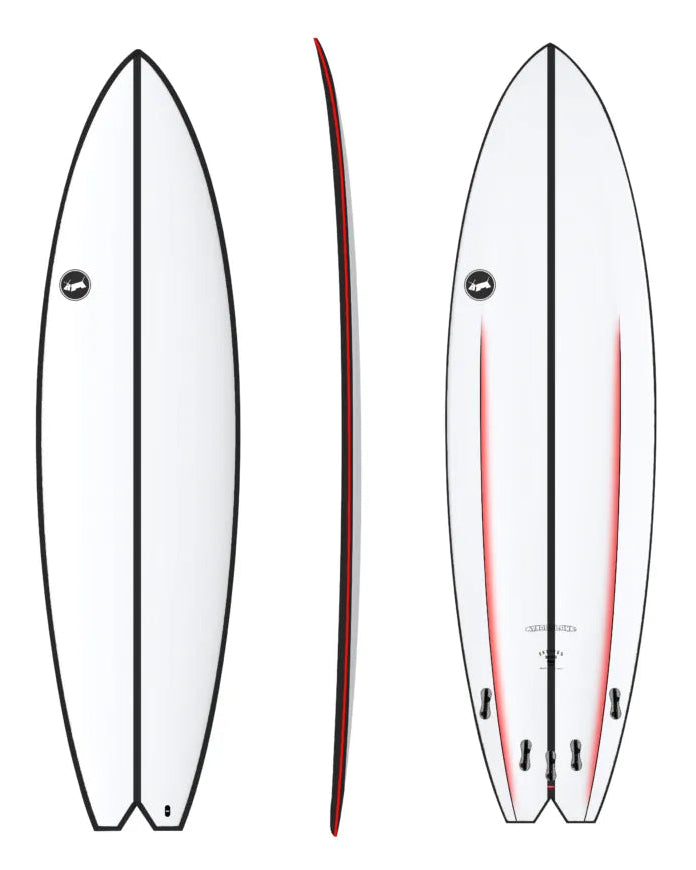 Illustration of a surfboard from three different angles on a white background