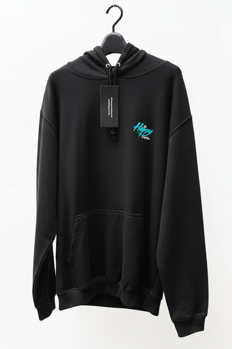 Black hoodie with a Happy Surf Co. brand logo on a white background
