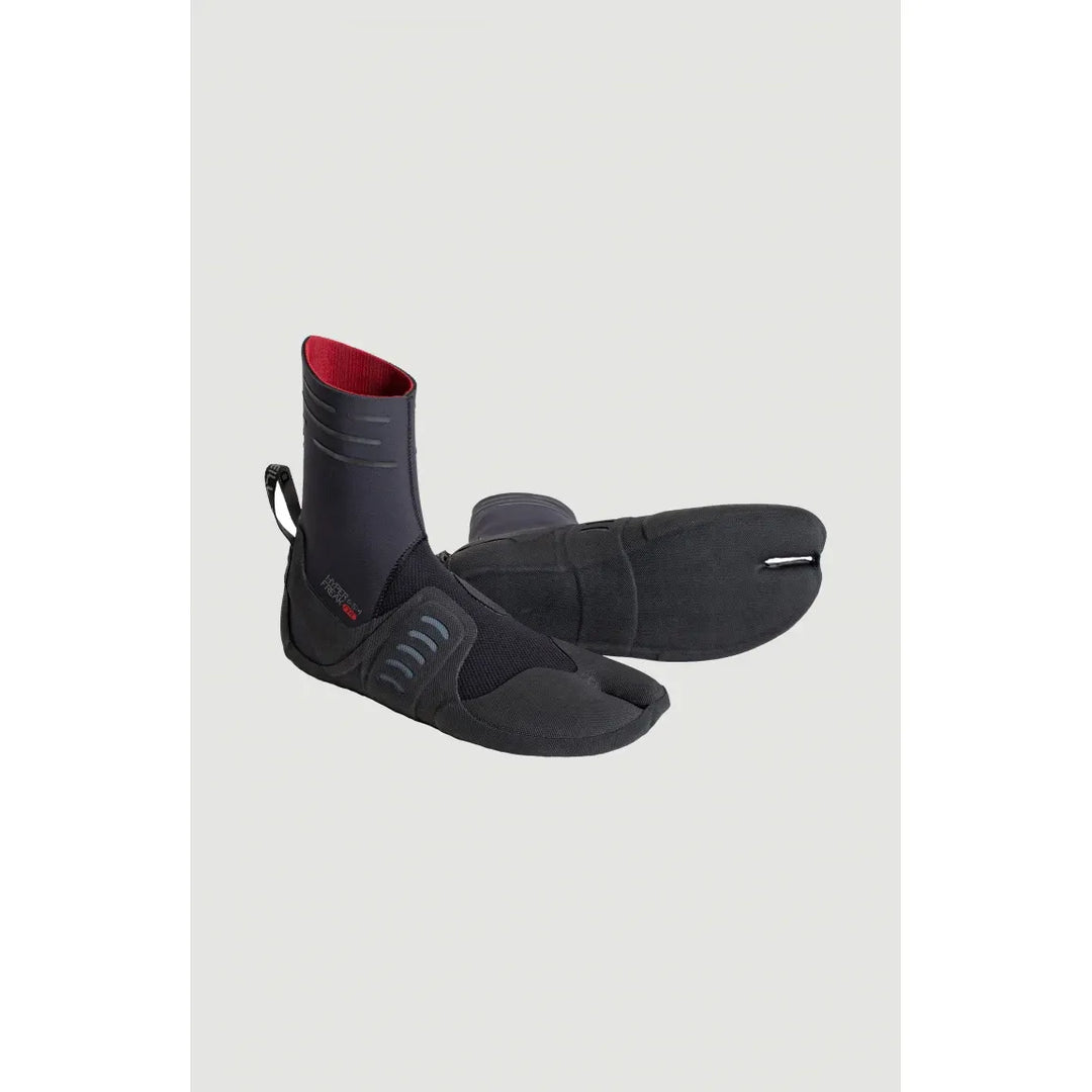 Pair of black and red O'Neill wetsuit boots on a light grey background