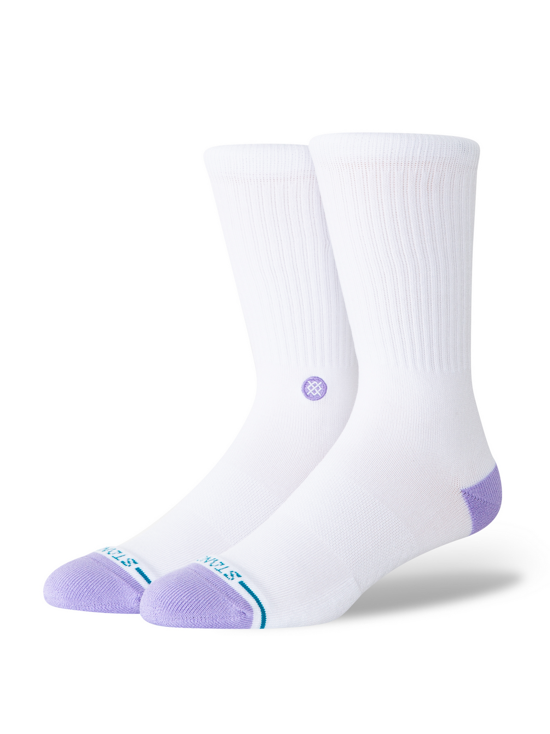 A pair of white crew socks with light purple toes and heels, featuring a small purple circular logo on the side and a thin teal stripe near the toe, shown on a white background.