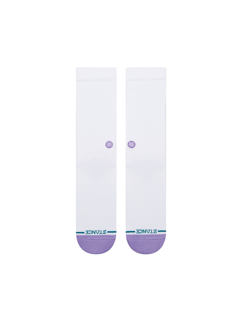A pair of white crew socks with a light purple toe cap and a small purple circular detail on the upper calf, featuring the brand name 'STANCE' in teal near the toe.