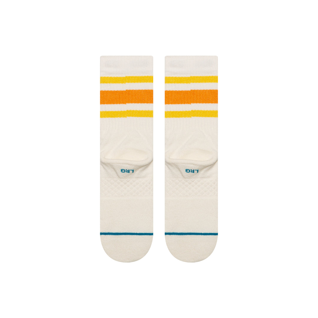 Pair of socks with yellow and orange stripes on a white background