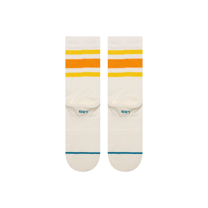 Pair of socks with yellow and orange stripes on a white background