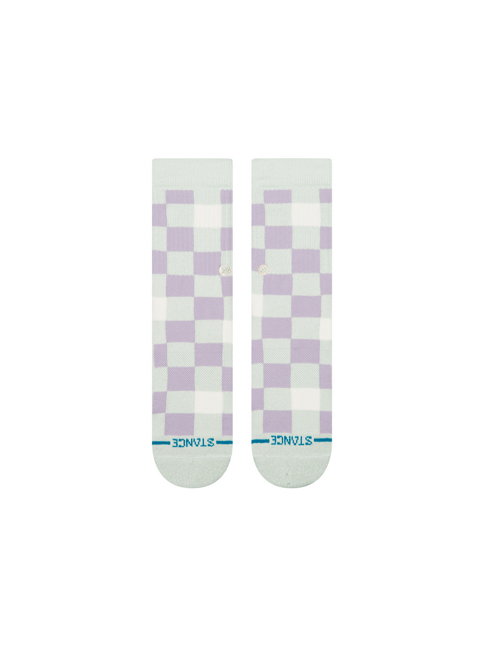 A pair of Stance crew socks with a lavender and white checkerboard pattern on the upper half and a light mint green toe and heel section. The brand name 'STANCE' is printed in blue on the toe band.