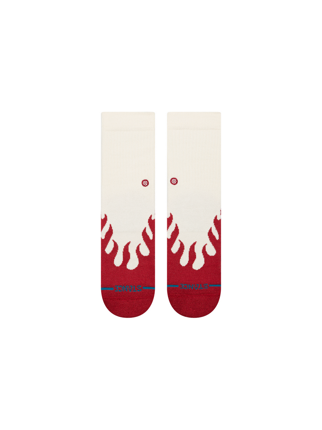 A pair of STANCE ankle socks with a cream upper and a red flame pattern at the toe, featuring a blue STANCE logo on the TOES.