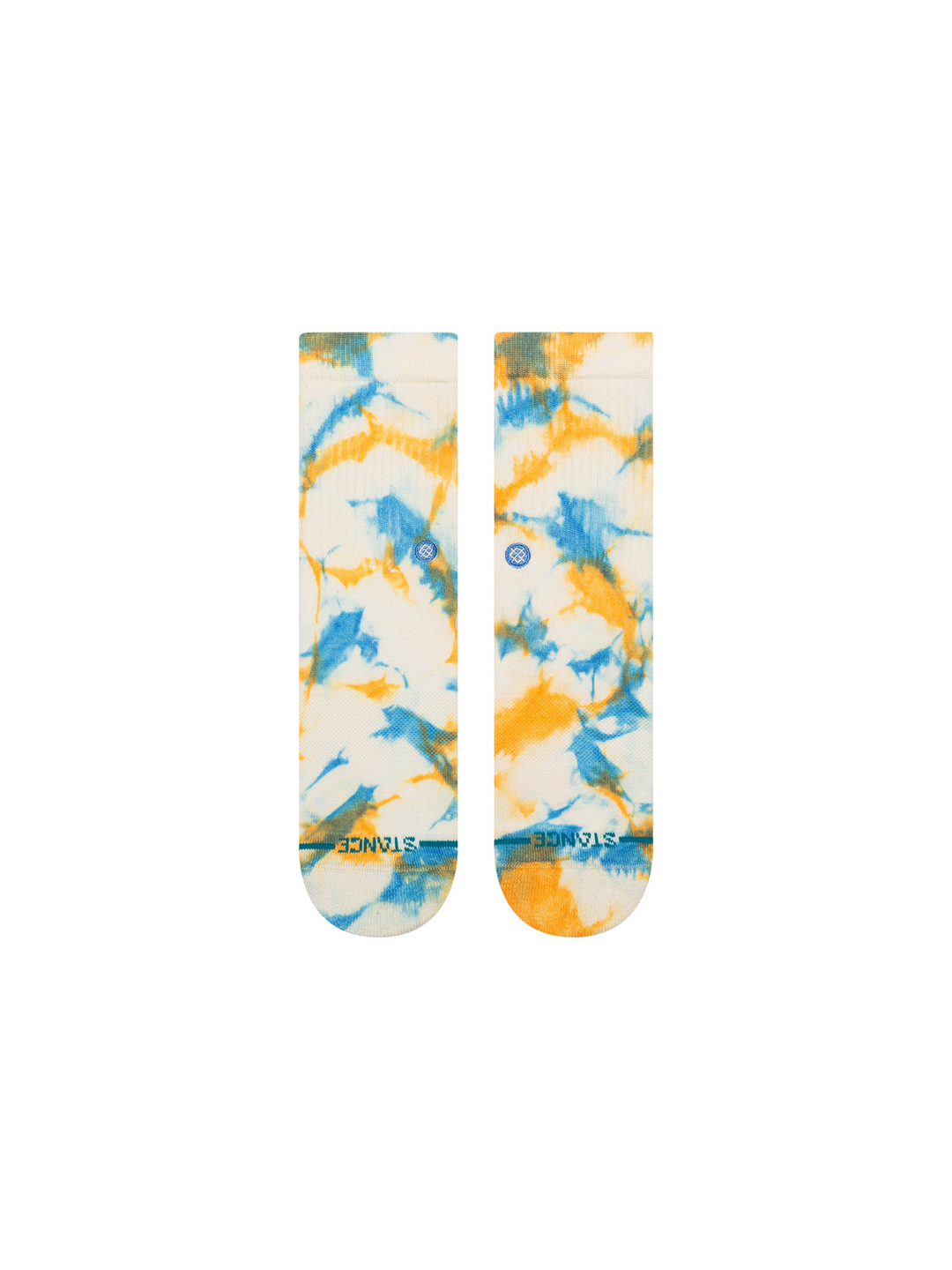 A pair of crew socks with a tie-dye pattern in blue, orange, and white, displayed flat against a solid white background.