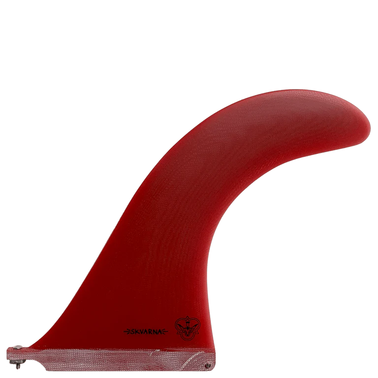 Red surf fin with a brand logo on a white background