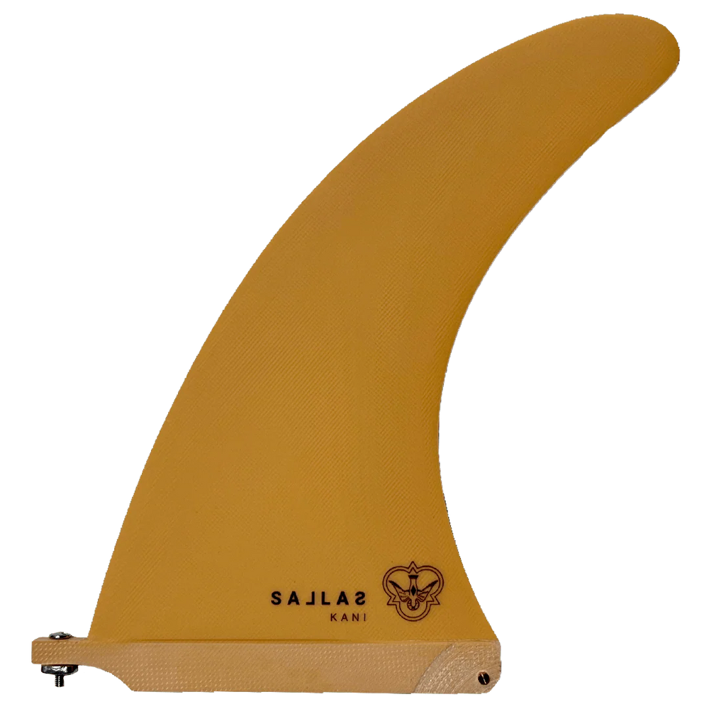 Papaya coloured surfboard fin with Sallas Kani logo on a white background