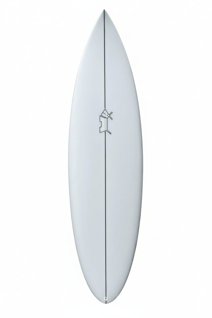 White surfboard with dog icon on a white background.