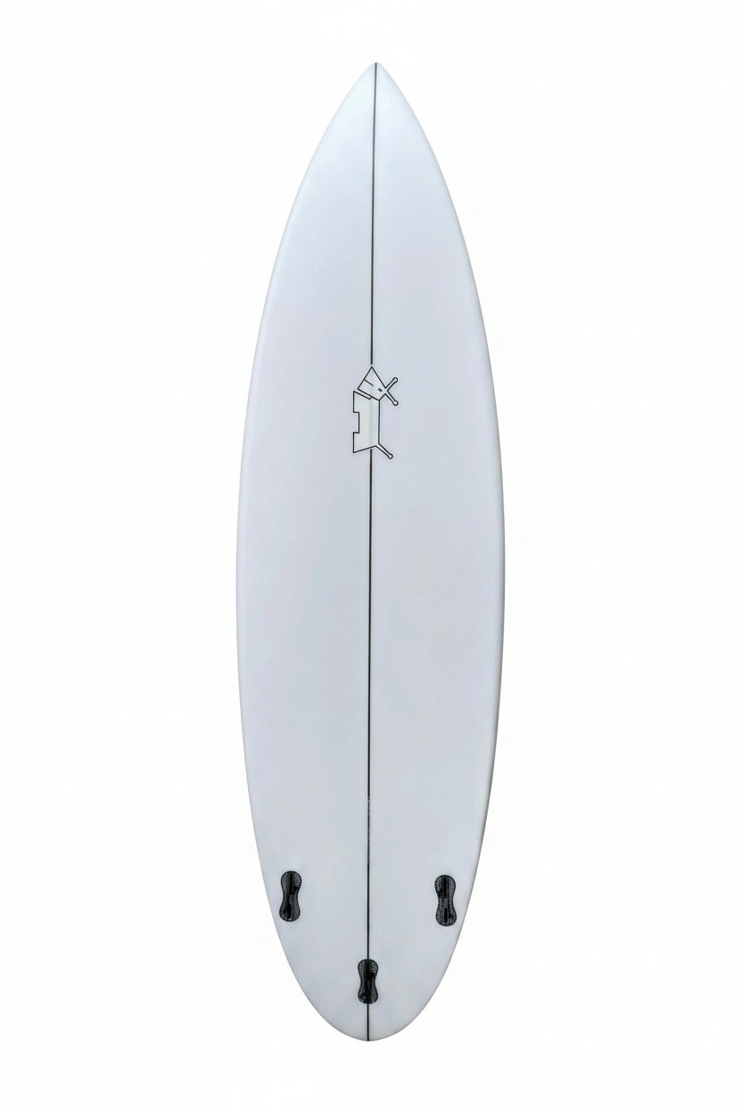 White surfboard with a dog logo on a white background.