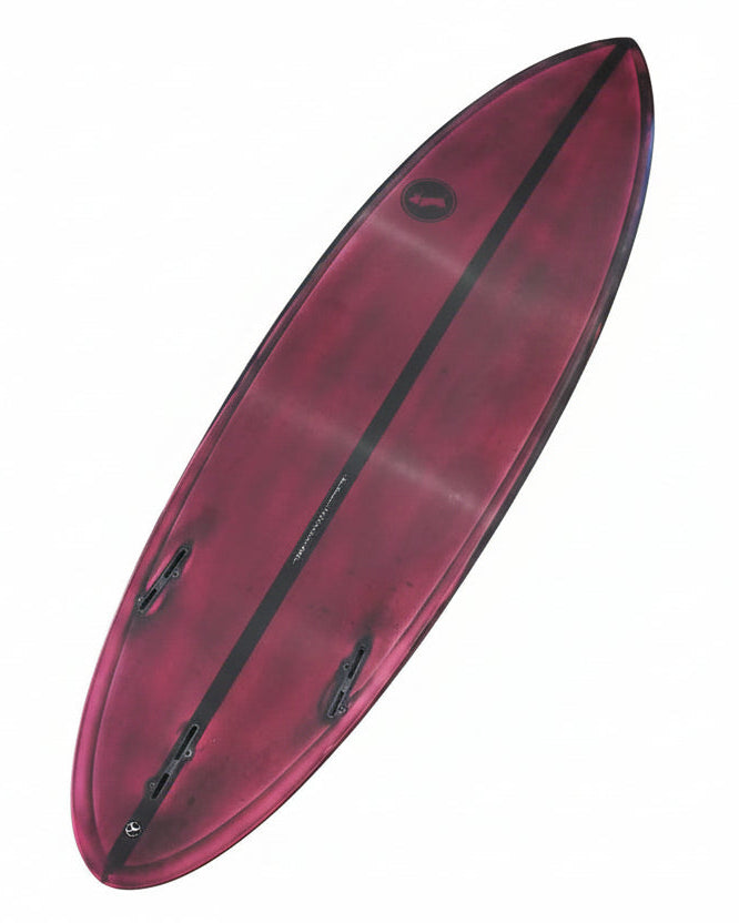 Red surfboard with black accents on a white background
