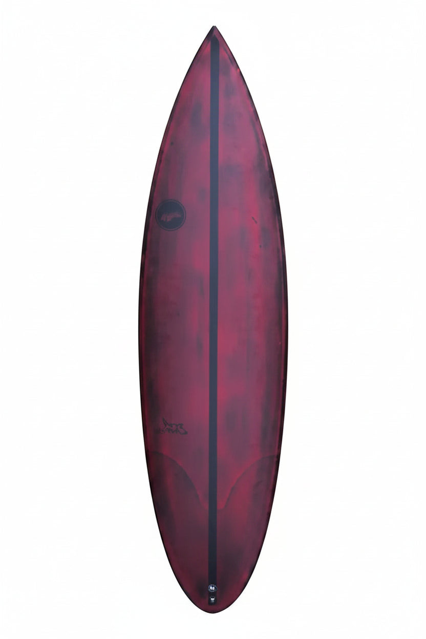 Red and black surfboard with a logo on a white background