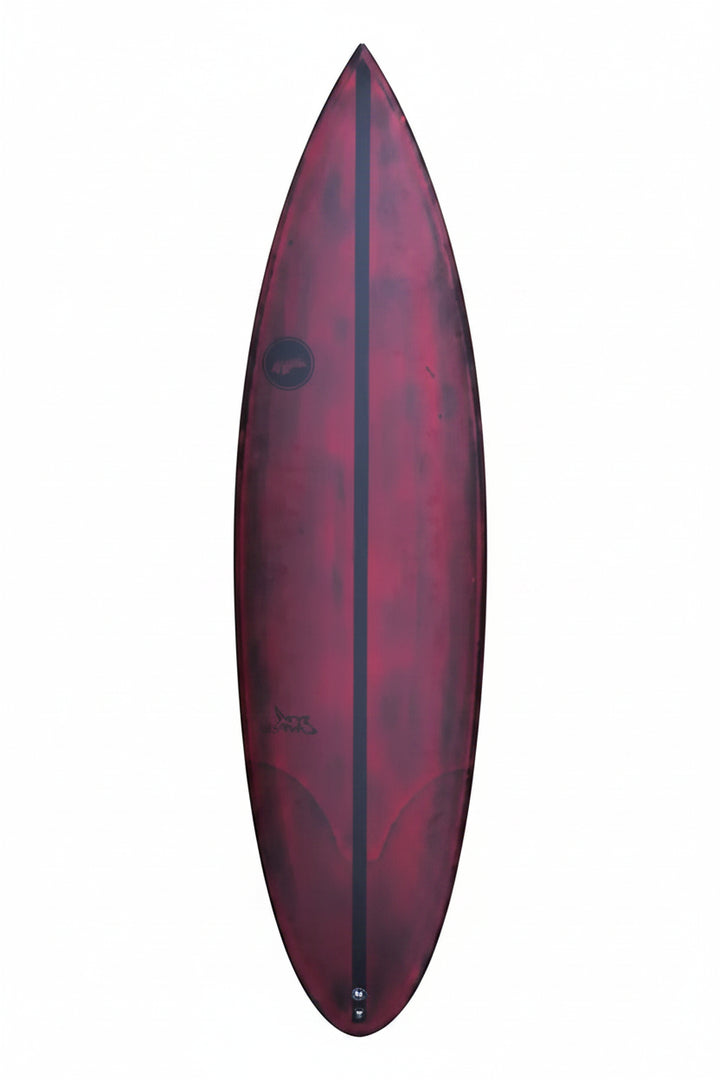 Red and black surfboard with a logo on a white background