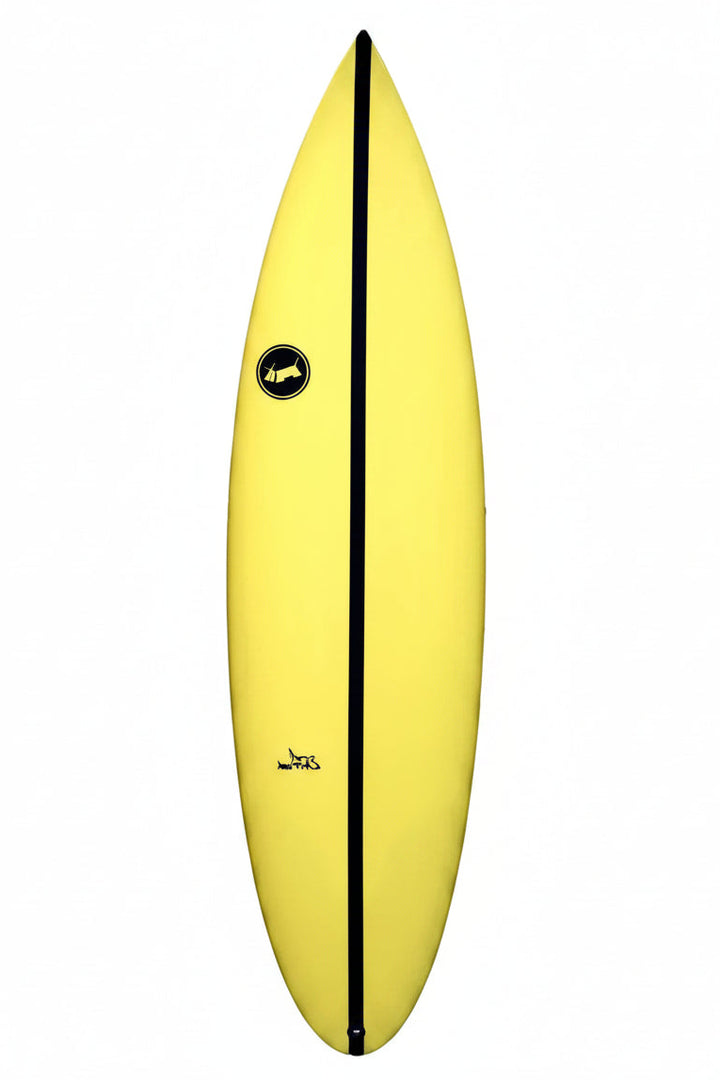 Yellow surfboard with a black stripe on a white background