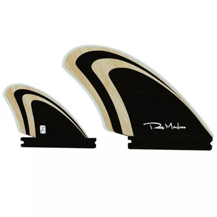 Bamboo and black surfboard fins with &