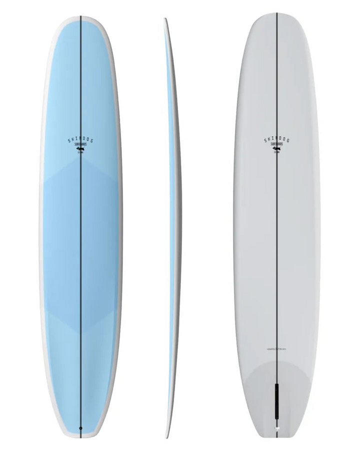 Three views of a surfboard with a light blue top and light grey bottom on a white background.