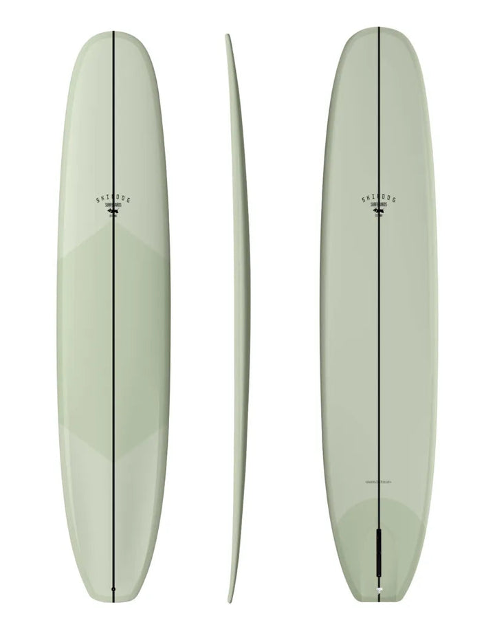 Three views of a light green surfboard with black branding on a white background
