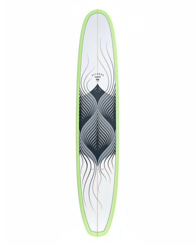 Longboard with black and grey geometric design and green rails