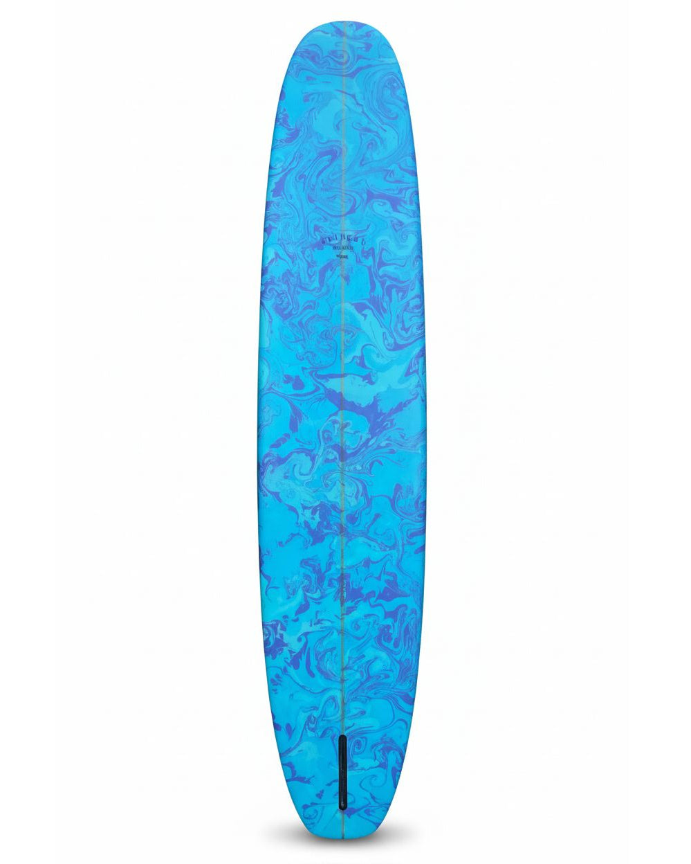 Blue and purple patterned surfboard on a white background