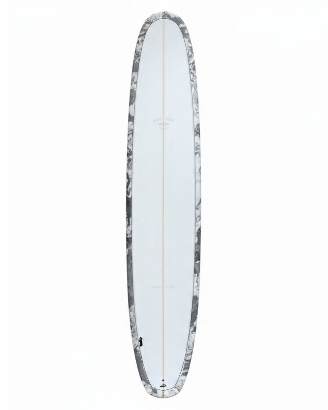 Longboard surfboard with grey and white mottled edge design on a white background