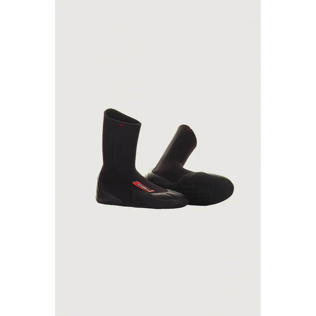 Pair of O'Neill black neoprene surfing boots on a light grey background