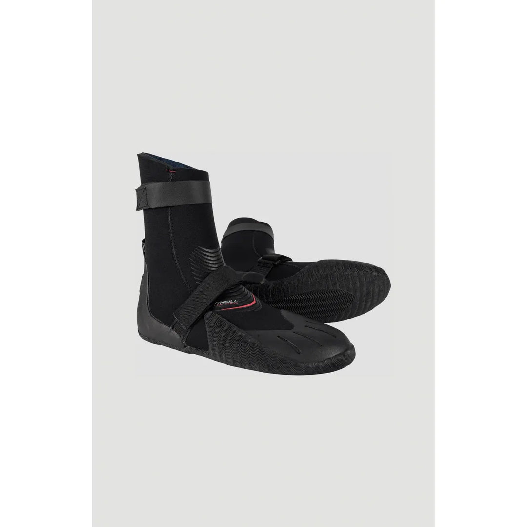 Pair of O'Neill black neoprene surfing boots on a light grey background