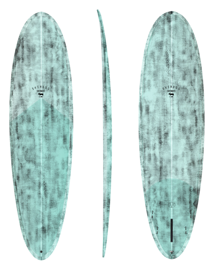 Three profile views of a surfboard with a light blue and grey pattern on a white background
