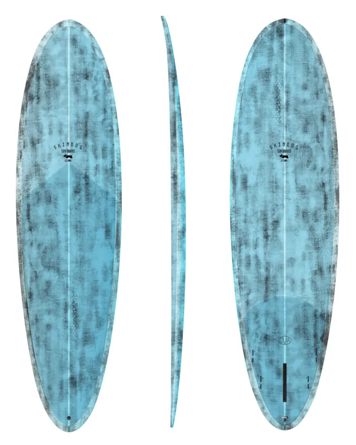 Three profile views of a blue and grey surfboard on a white background