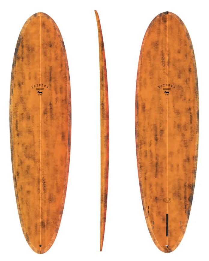 Orange surfboard with a brushed carbon textured design on a white background
