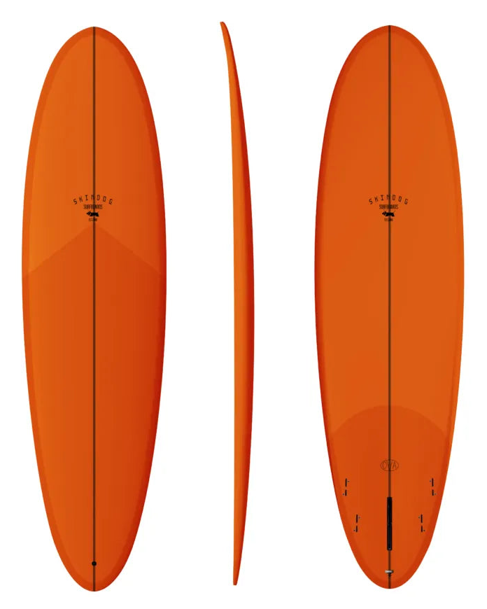 Orange surfboard shown from multiple angles on a white background