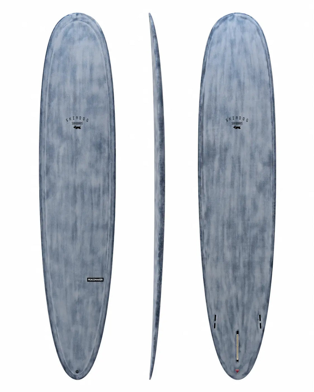 Skindog Peacemaker 9'1 dark grey longboard, showing deck, side profile and underside.