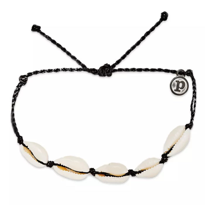 Black cord bracelet with white shell beads on a white background