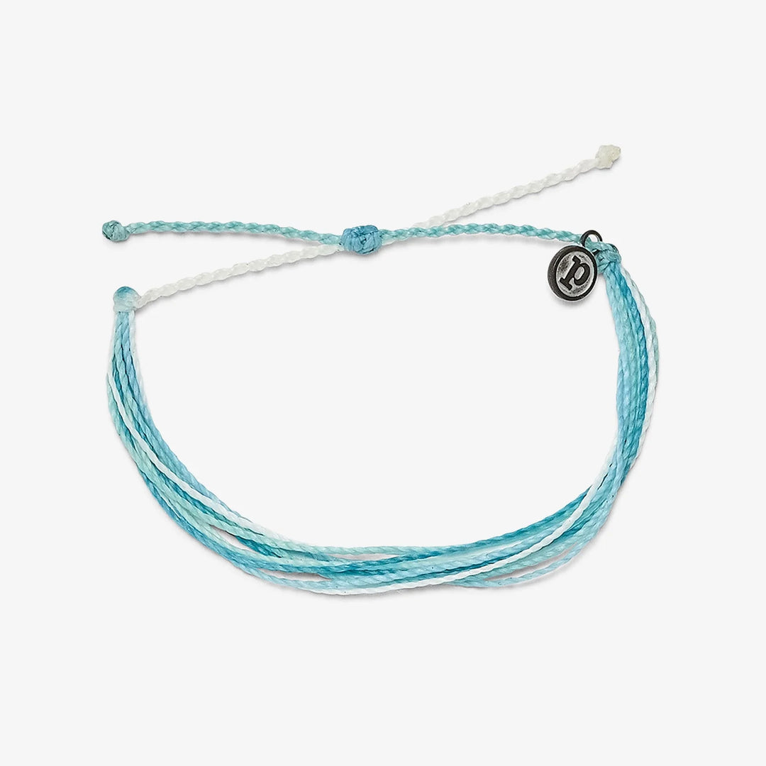 Blue and white cord bracelet with a branded metal 'P' charm