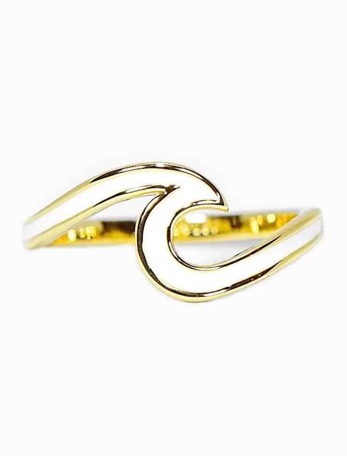 Gold ring with a wave design on a white background