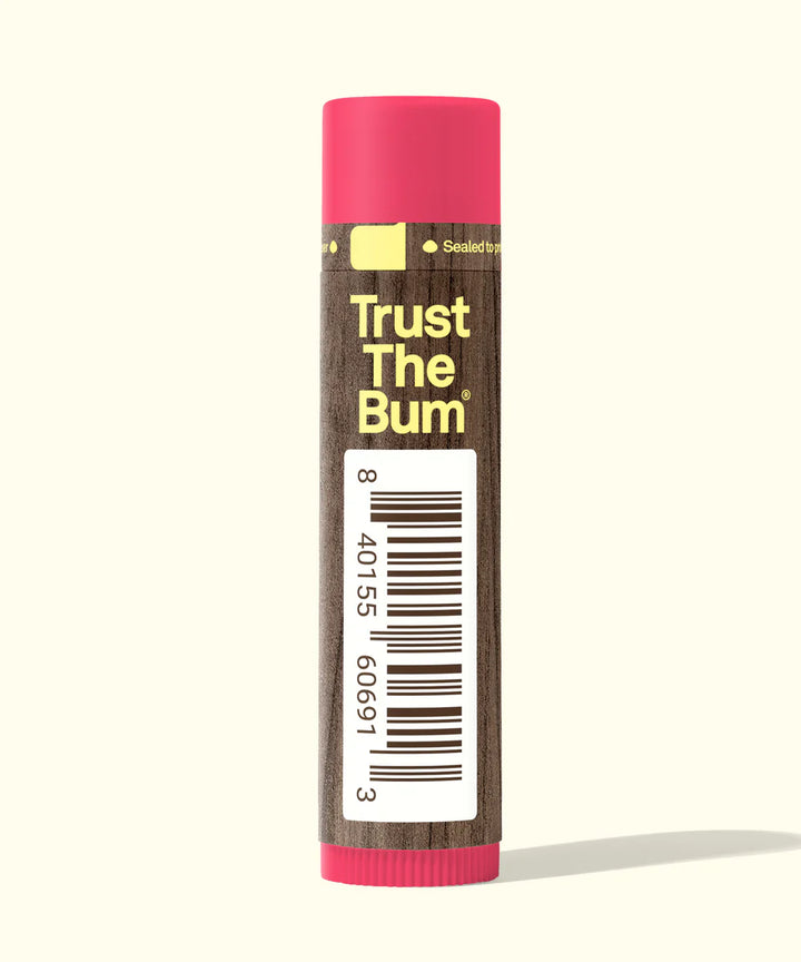 Rear of Sun Bum lip balm stick showing product barcode and "Trust The Bum" tagline.