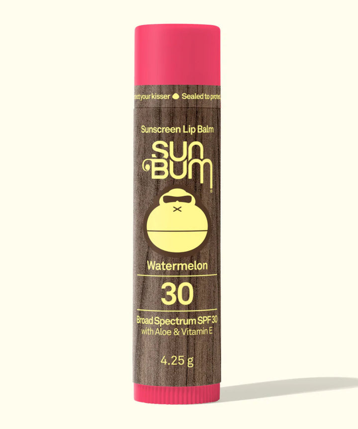Sun Bum lip balm SPF 30 watermelon flavour with a brown and yellow label and pink lid.