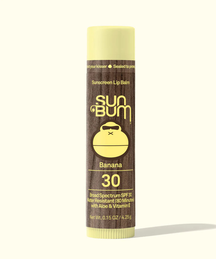Sun Bum sunscreen lip balm tube with banana flavour on a white background