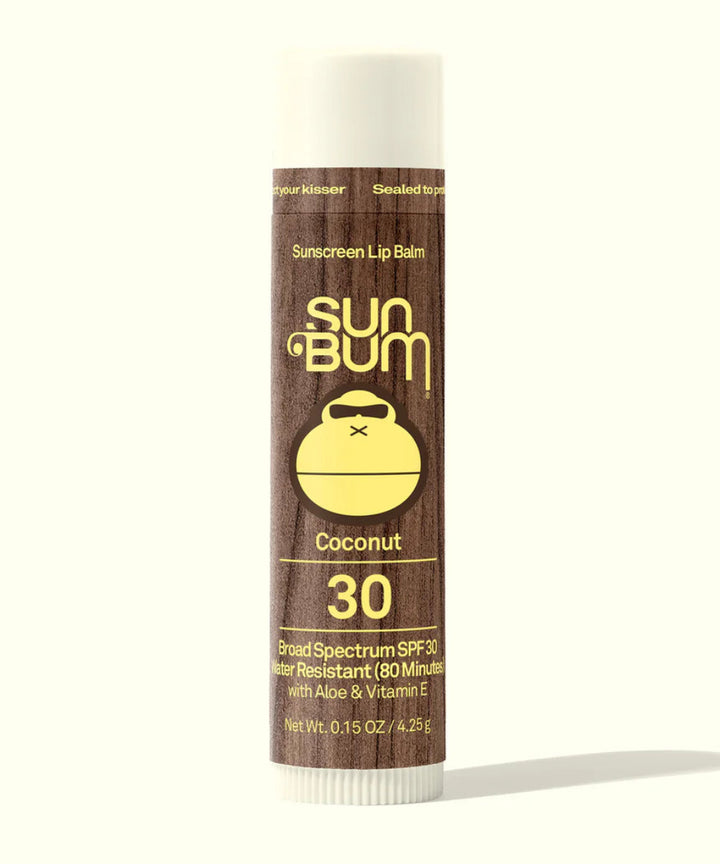 Sun Bum sunscreen lip balm tube on a white background