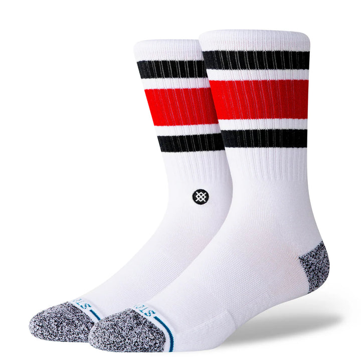 White socks with red and black stripes on a white background