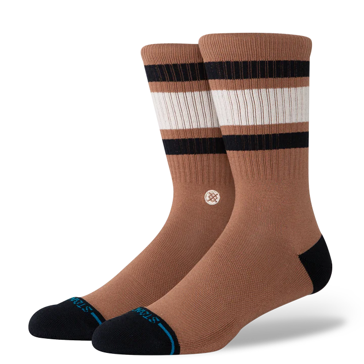 Pair of brown socks with black and white stripes on a white background