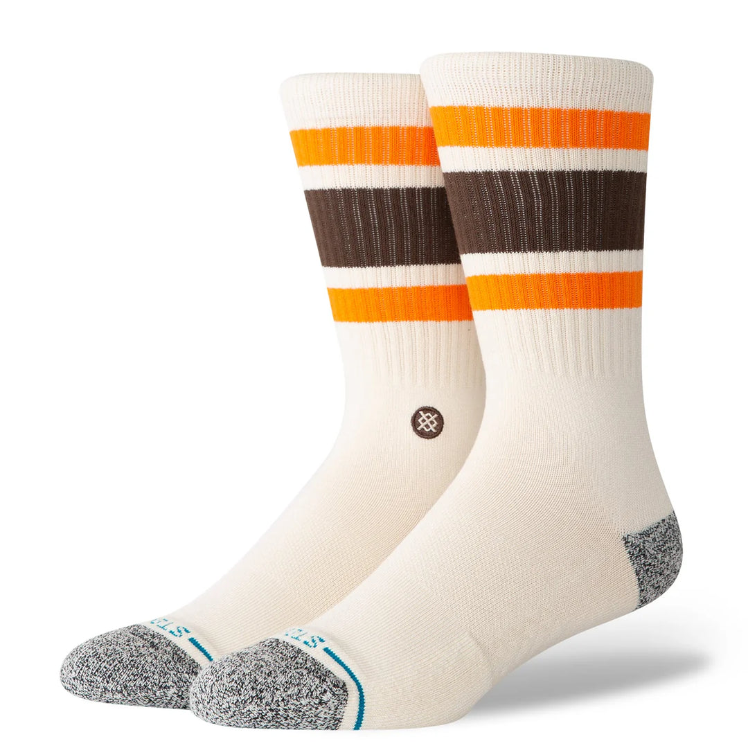 Pair of socks with orange and brown stripes on a white background